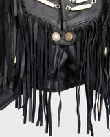 Unleash your inner rebel with this vintage 80s black leather crop fringe jacket. Made from high-quality leather, this XS jacket features fringe detailing that will make a statement. 