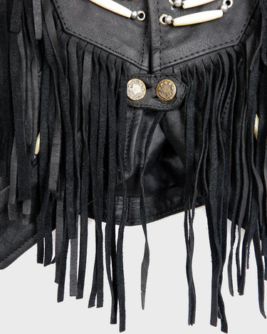 Unleash your inner rebel with this vintage 80s black leather crop fringe jacket. Made from high-quality leather, this XS jacket features fringe detailing that will make a statement. 