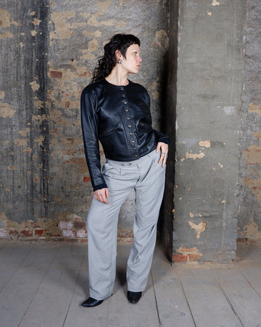 Vintage 90s collarless dark gray leather jacket | washed dark charcoal | boxy fit real leather | metal buttons | Size S-L