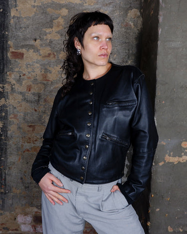 Vintage 90s collarless dark gray leather jacket | washed dark charcoal | boxy fit real leather | metal buttons | Size S-L