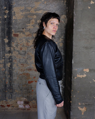 Vintage 90s collarless dark gray leather jacket | washed dark charcoal | boxy fit real leather | metal buttons | Size S-L