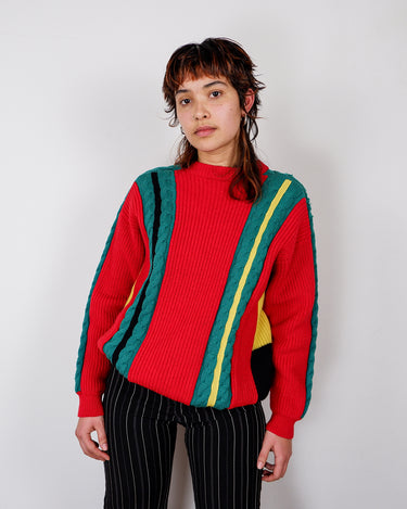 Vintage 80s thick wool cable knit sweater with color stripes | XS-L