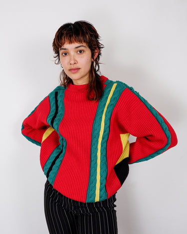 Vintage 80s thick wool cable knit sweater with color stripes | XS-L