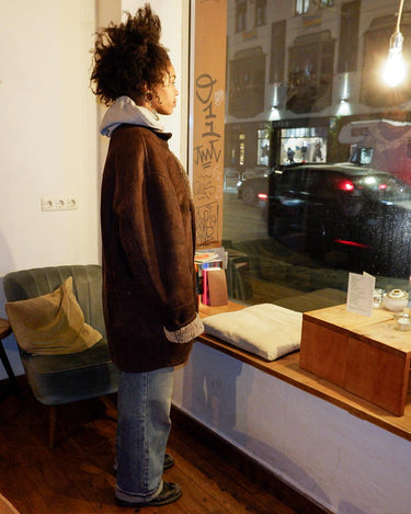 Vintage 80s chocolate brown unisex shearling coat | XL - XXL