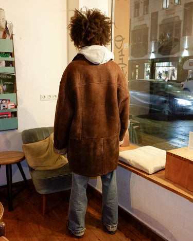 Vintage 80s chocolate brown unisex shearling coat | XL - XXL