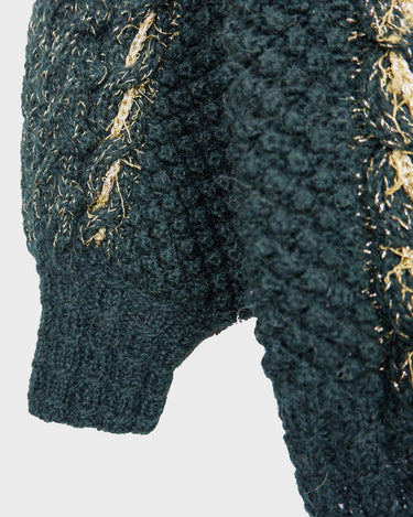 Add some sparkle to your wardrobe with this vintage 80s green cardigan, featuring eye-catching golden details. Perfect for layering and dressing up any outfit!