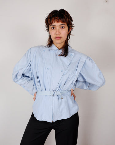 Vintage 80s baby blue belted blouse with shoulder pads | M-L