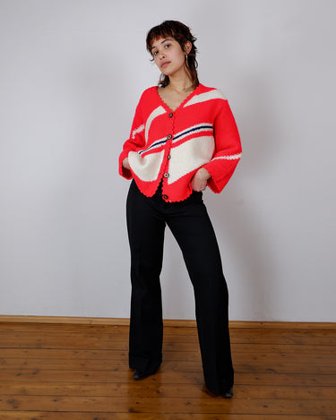 Vintage 70s handmade red cardigan with white and black stripes | L