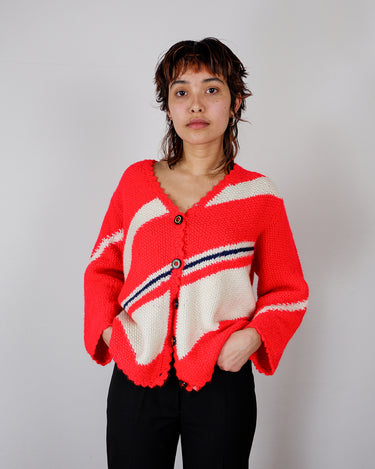 Vintage 70s handmade red cardigan with white and black stripes | L