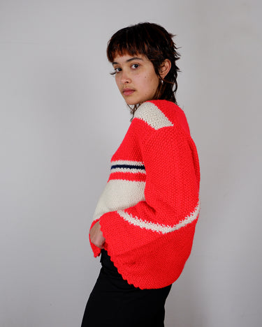 Vintage 70s handmade red cardigan with white and black stripes | L