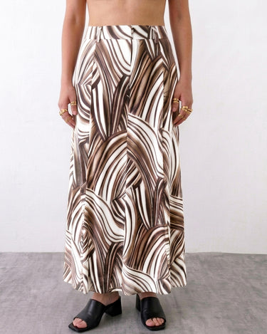 Vintage 90s a-line maxi skirt with abstract wave pattern in brown & cream | M-L