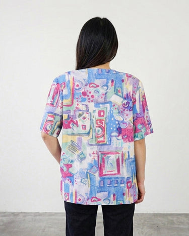 Vintage 80s colorful crazy pattern double-row button blouse (oversized fit) | L-XL