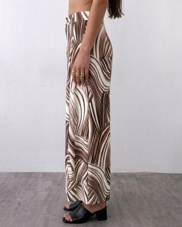 Vintage 90s a-line maxi skirt with abstract wave pattern in brown & cream | M-L