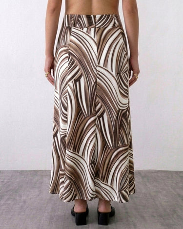 Vintage 90s a-line maxi skirt with abstract wave pattern in brown & cream | M-L