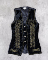 Vintage 90s black velvet long vest with golden embroidery | S-M