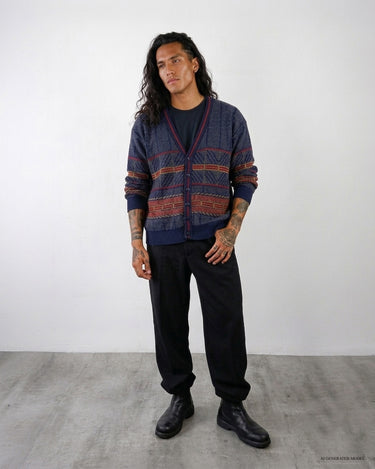 Vintage 80s 90s navy blue cardigan with red stripes | M-L