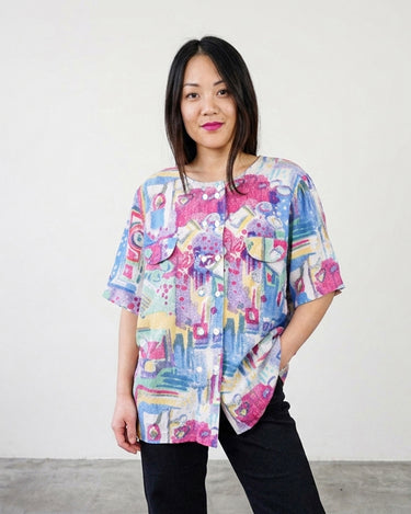 Vintage 80s colorful crazy pattern double-row button blouse (oversized fit) | L-XL
