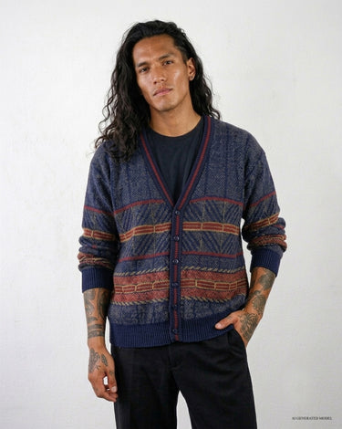 Vintage 80s 90s navy blue cardigan with red stripes | M-L