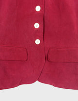 a woman is wearing a 90s burgundy shirt.
