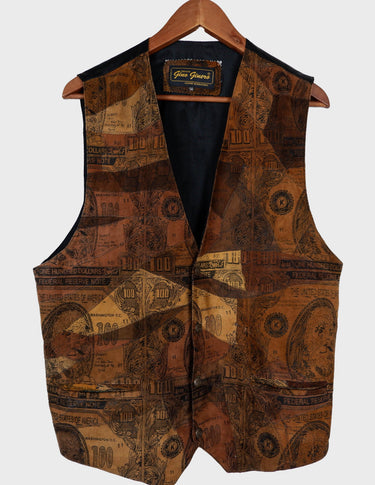 an asian woman is wearing a 90s vintage brown vest with historical pattern.