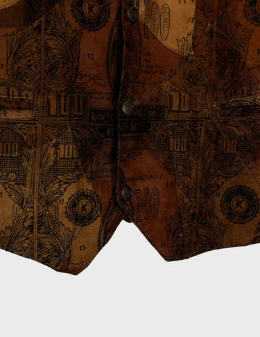 an asian woman is wearing a 90s vintage brown vest with historical pattern.