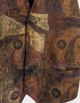 an asian woman is wearing a 90s vintage brown vest with historical pattern.