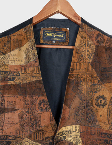 an asian woman is wearing a 90s vintage brown vest with historical pattern.