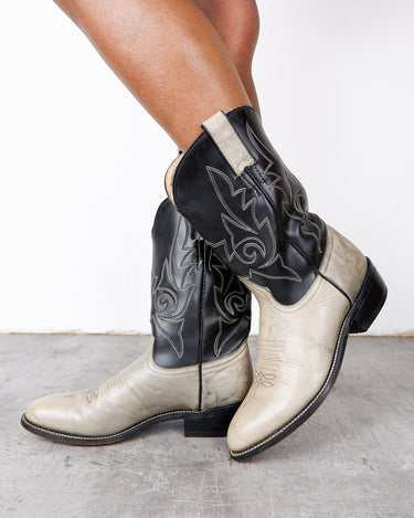 Vintage 80s 90s JUSTIN black and cream cowboy boots with flame embroidery (suitable for narrow feet) | 36-37