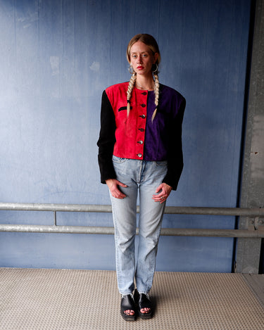 Vintage 80s color-blocked suede leather cropped jacket with shoulder pads (boxy fit) | M-L