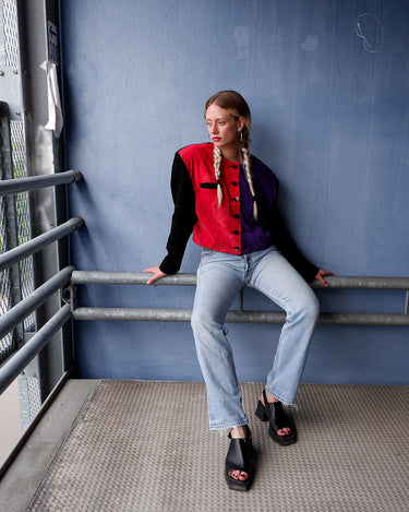 Vintage 80s color-blocked suede leather cropped jacket with shoulder pads (boxy fit) | M-L