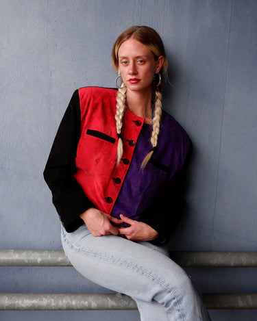 Vintage 80s color-blocked suede leather cropped jacket with shoulder pads (boxy fit) | M-L