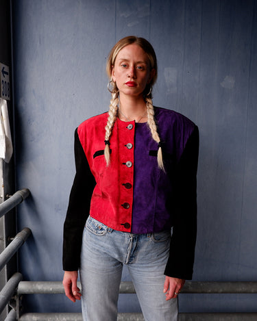 Vintage 80s color-blocked suede leather cropped jacket with shoulder pads (boxy fit) | M-L