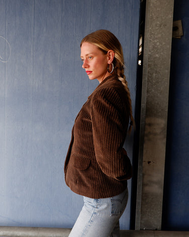 Vintage 90s brown cord blazer with big metal button and rhinestones and shoulder pad | XS-S