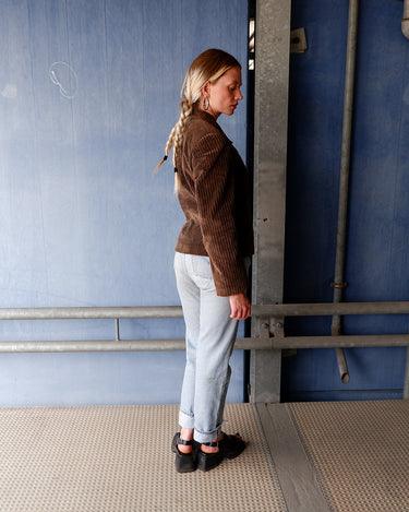 Vintage 90s brown cord blazer with big metal button and rhinestones and shoulder pad | XS-S