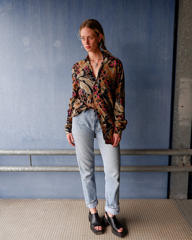 Vintage 80s 90s COLUMBUS shirt with tropical leaf print in black, gold, brown, olive & magenta | L-XL