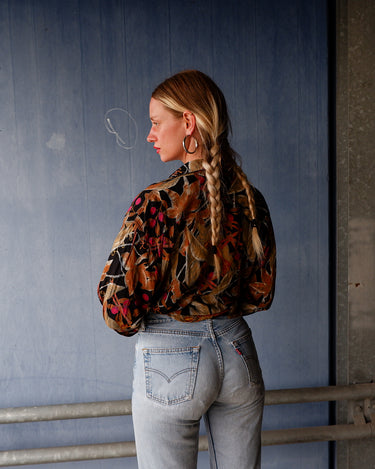 Vintage 80s 90s COLUMBUS shirt with tropical leaf print in black, gold, brown, olive & magenta | L-XL