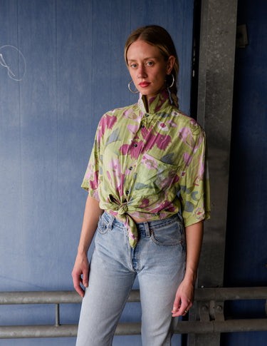 Vintage 90s green shirt with pink floral pattern | M-L