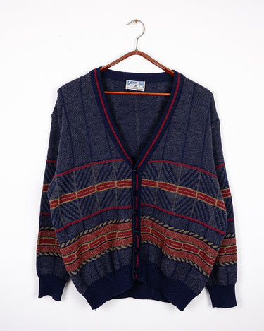Vintage 80s 90s navy blue cardigan with red stripes | M-L