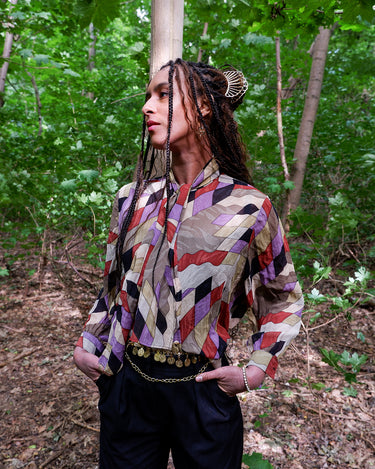Vintage 80s colorful transparent Georgette silk tie-neck blouse with geometric pattern | XS-M