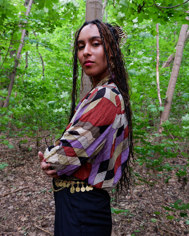 Vintage 80s colorful transparent Georgette silk tie-neck blouse with geometric pattern | XS-M