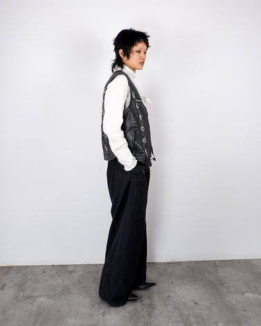 Vintage 90s black biker leather vest with conchos and patches | L-XL