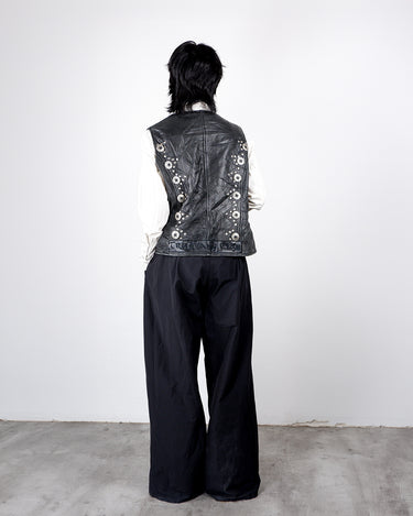 Vintage 90s black biker leather vest with conchos and patches | L-XL