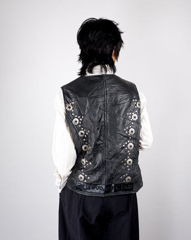 Vintage 90s black biker leather vest with conchos and patches | L-XL