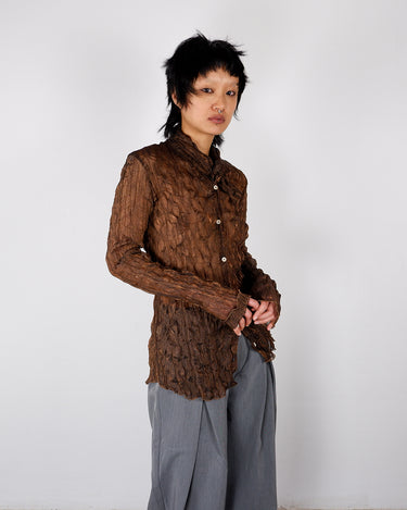 Y2K GIGLI sheer shimmer brown crinkle elastic bodycon blouse | XS-M