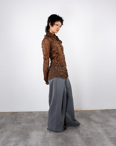 Y2K GIGLI sheer shimmer brown crinkle elastic bodycon blouse | XS-M