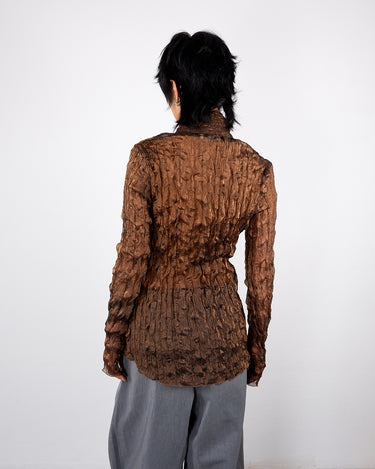 Y2K GIGLI sheer shimmer brown crinkle elastic bodycon blouse | XS-M