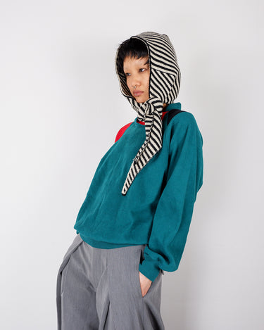 Vintage 80s green fleece style pullover with multicolor stripes mock neck | S-M