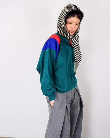 Vintage 80s green fleece style pullover with multicolor stripes mock neck | S-M