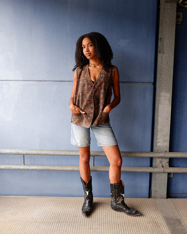 Vintage 80s DESCH leather vest with faded colorful paisley pattern, boho style | L-XL