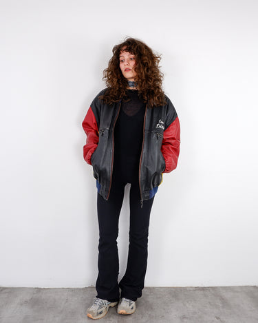 Vintage 80s EURO DIESEL bootleg vegan leather bomber jacket with mohawk back print and shoulder pads | S-L